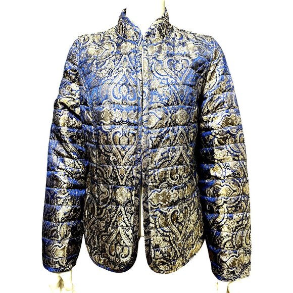 Chicos Reversible Quilted Puffer Jacket Elegant Blue Gold Paisley Lightweight 00 - Picture 1 of 13
